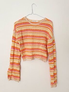 moon & madison Striped Crochet Top in Pink, Orange & Cream
